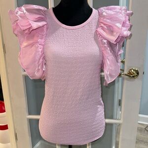 She And Sky Ruffle Sleeve Top Blouse Fairy Pink Feminine Girlie Stretch Size L